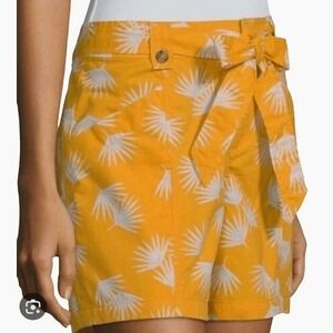 Liz Claiborne Women Yellow Palm‎ Leaf Print Paperbag Waist Shorts Size 4
